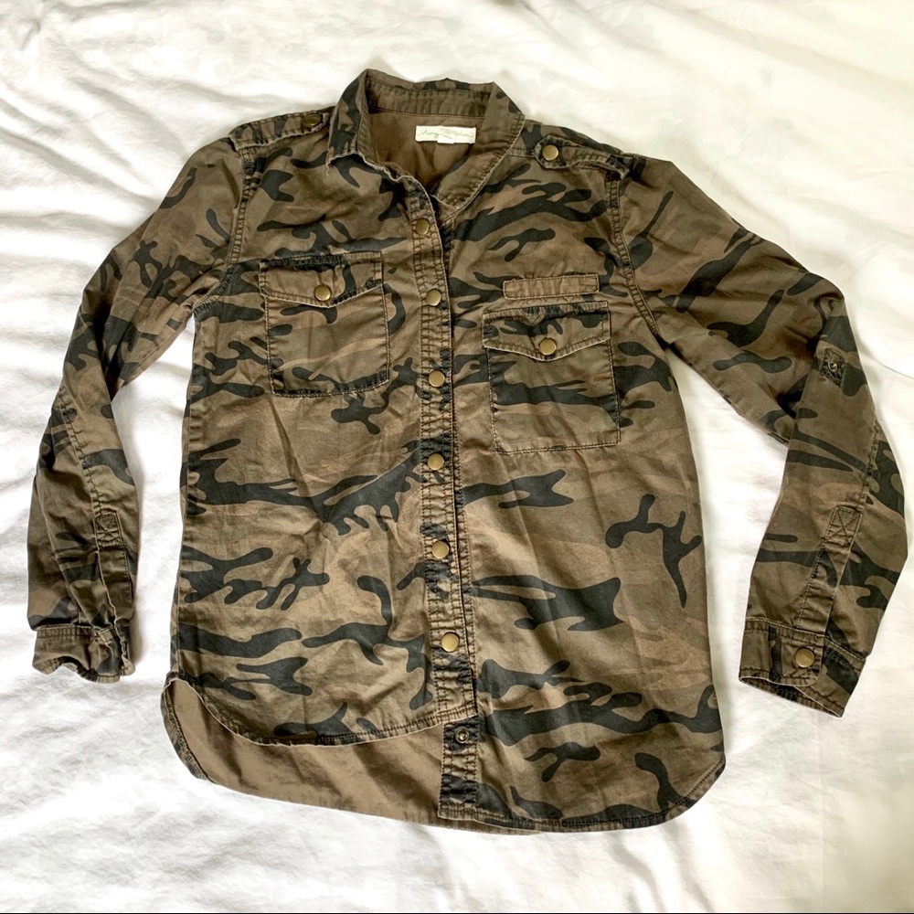 Vintage Camo Print Snap Button-Down Shirt Size S